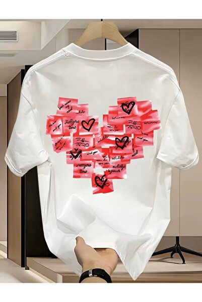 LELVANİ Pink Sticky Note Heart Printed Pattern T-Shirt
