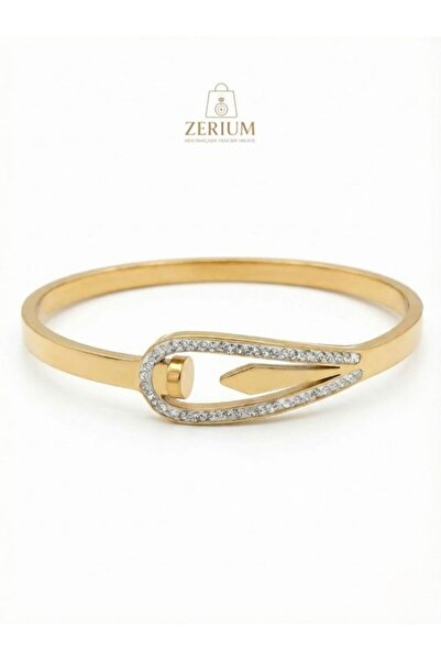 ZERİUM Kadın Çelik Kelepçe Bileklik Altın Renk Zirkon Taşlı Elit Tasarım