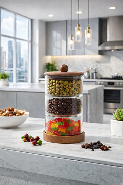 Paşabahçe 3 Katlı Akasya Kapaklı Cam Saklama Kabı Seti-(2 x 750ml+600ml) Çok ...