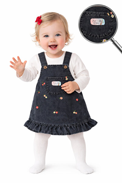 my koala Kız Bebek Kot Salopet Elbise Çiçek Detaylı, Uzun Kollu Bluzlu Takım