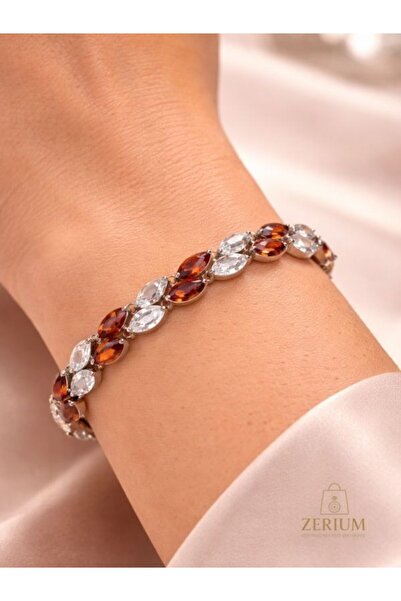 ZERİUM Women's Steel Bracelet Marquise Cut Amber and Crystal Stone Elite Series