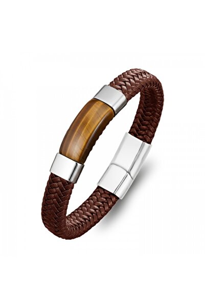 AKSESUARIM Men's Leather Tiger's Eye Stone Steel Bracelet