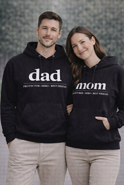 ocke Mom Dad Printed Black Hooded Kangaroo Pocket Couple Hoodie Sweatshirt