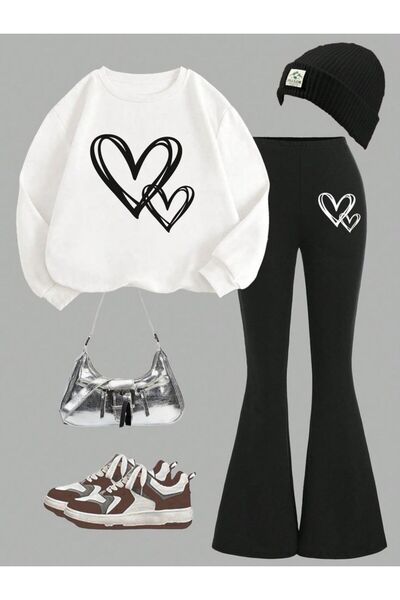 Kids طقم ملابس للفتيات من Kalp مطبوع باللونين الأسود والأبيض، طقم ملابس إسباني