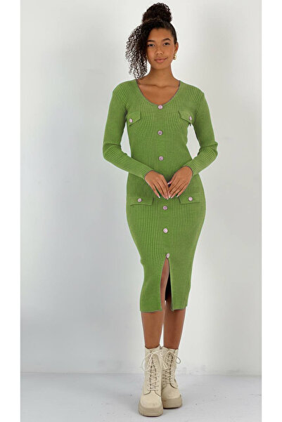 Miss Poem Rochie de tricotat cu fantă pentru femei, verde, cu nasturi decorativi în față