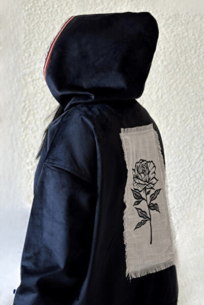 Abaya-AB Oversized winter hoodie with Arabic Sadu pattern, black color