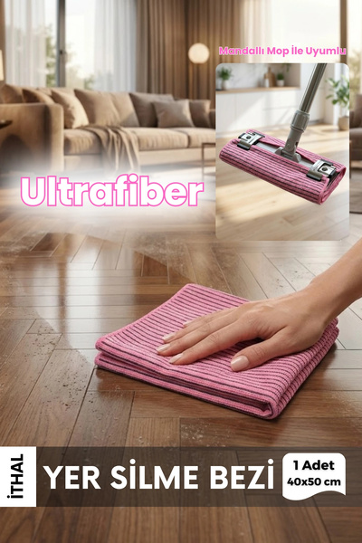 Ellesill İthal Ultrafiber Yer Silme Bezi ve Yüzey Temizlik Bezi Pembe Renk Be...