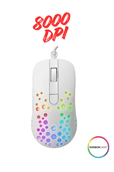ATAsoft Beyaz Rainbow Aydınlatmalı RGB 8000dpı Işıklı Gaming Oyuncu Mouse