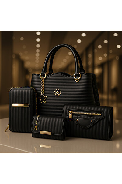 ZİVORA 4-Piece Combination Shoulder Bag with Wrist Strap, Card Holder and Phone Holder Black Daily Gift Bag