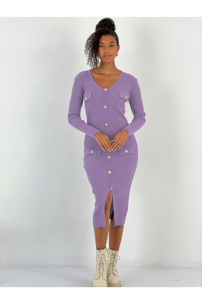 Miss Poem Rochie de tricotat cu fantă pentru femei, liliac, cu nasturi decorativi în față