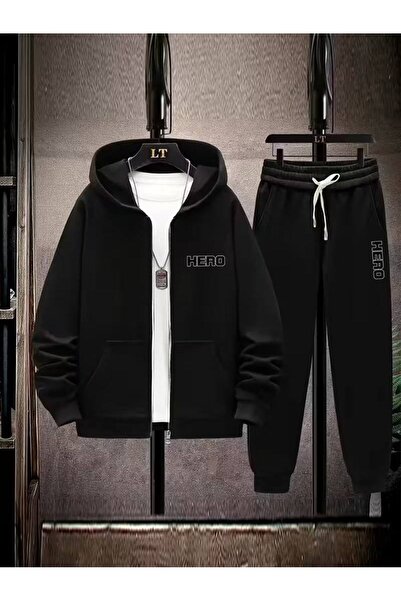 CLASSY.MODA Men's 3 Thread K Hooded Zippered Letter B Printed Relaxed Fit Tracksuit Set