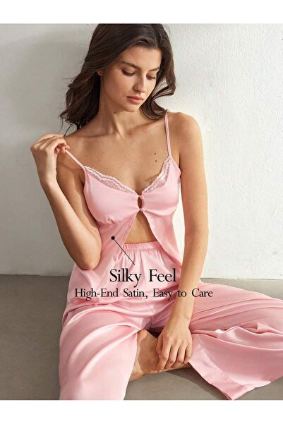 sempathy Women's Satin Front Buttoned Collar French Lace Detailed 2-Piece Paj...