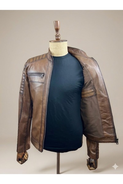 Verra Hakiki Deri Kahverengi Eskitme Biker Erkek Mont - Kapitoneli Slim Fit D...