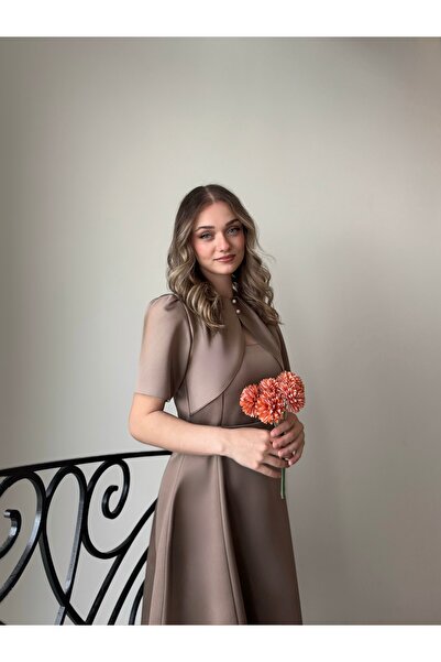 essolaria Naz Kadın Cappuccino/Kahve Bolera Detaylı İnci Düğmeli Midi Kloş Et...