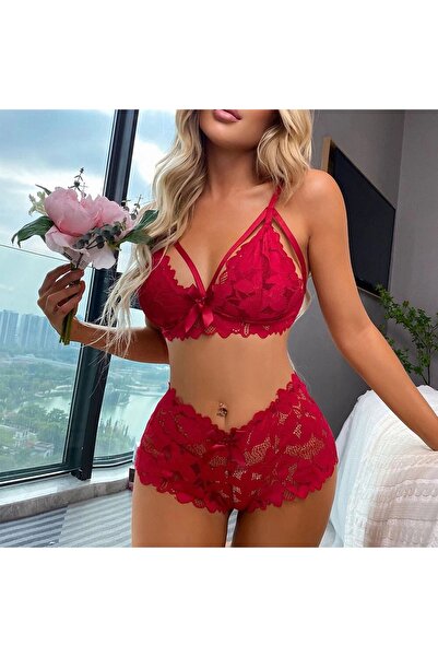 Nawaeem Lingerie Women's Red Lace Lingerie Set - Floral Embroidered Bralette and High Waist Panty 2-Piece Underwear