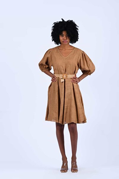 la luce Camel Kemerli Mini Keten Elbise - 4797