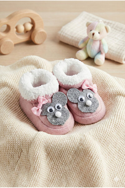 CloudStone Kız Bebek İçi Kürklü Gül Kurusu Fare Figürlü Fiyonklu Panduf