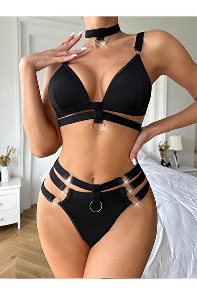 Nawaeem Lingerie Black Strappy Lingerie Set with O-Ring Details - Exotic Harness Bra & Multi-Strap Panty Set