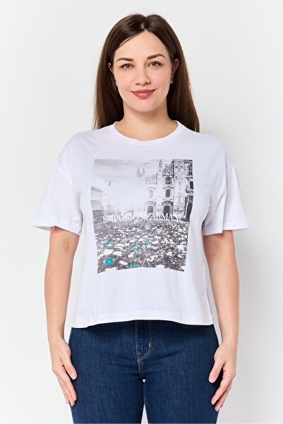 Emporio Armani Women Crew Neck Short Sleeve Graphic Print T-Shirt, White