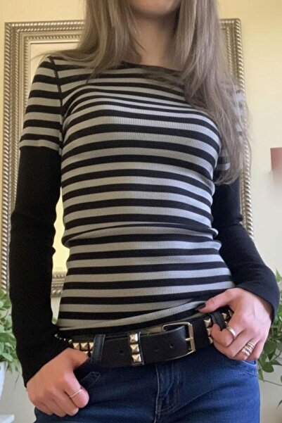 ARS Butik Black Gray Striped Sleeves Black Long Sleeve Bodysuit