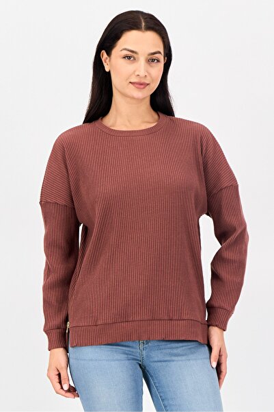 CHRLDR Women Crew Neck Textured Long Sleeve Sweatshirt, Brown