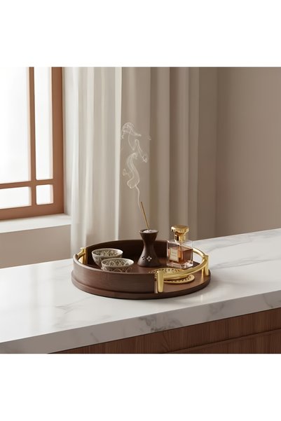 WINEENEE 2 Piece Bamboo Round Serving Tray with Handles 12" and 14" Decorative Coffee Table Tray
