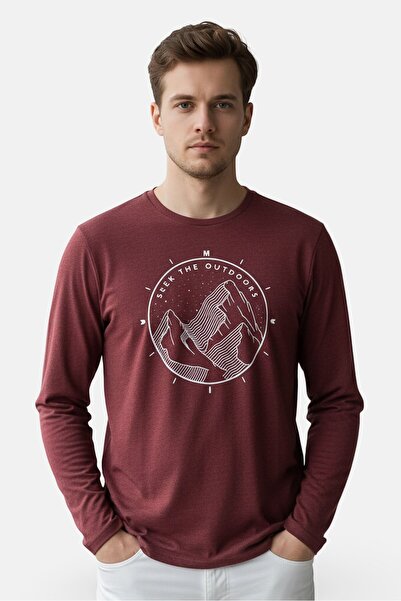 Mountain And Isles Men Crew Neck Long Sleeve Graphic Print T-Shirt, Maroon