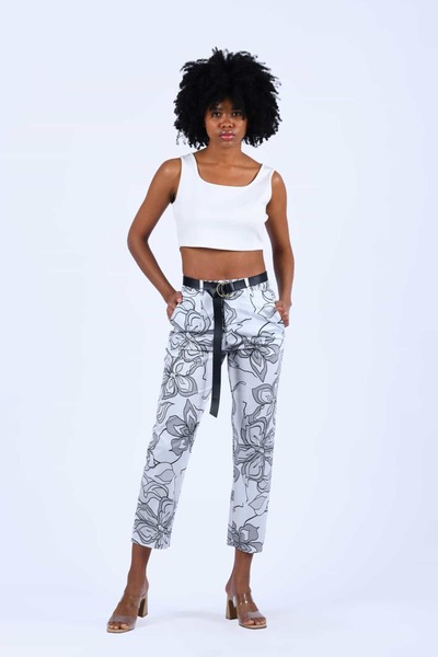 la luce Beyaz Vintage Desenli Kemerli Pantolon - MP44.271