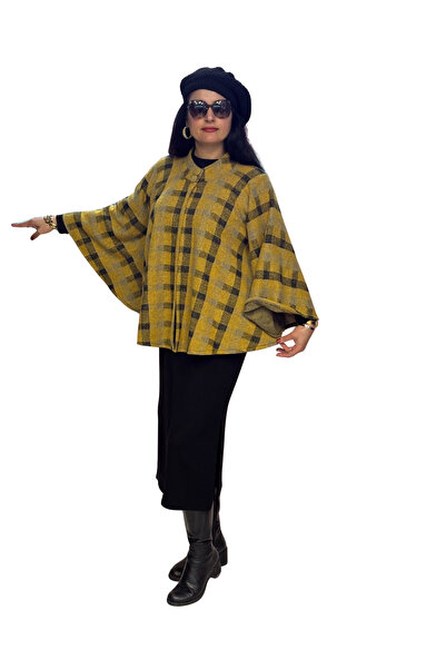 Leydi Mirr Hardal Renk Yün Kapüşonlu Panço