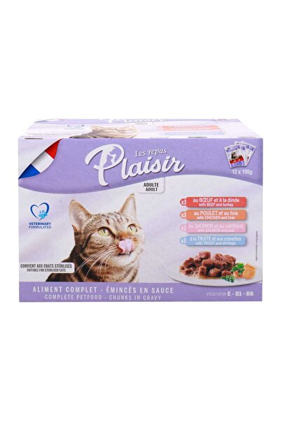 Plaisir قطع طعام القطط في مرق اللحم، 12 عبوة × 100 غرام، وجبة رطبة كاملة للقطط البالغة