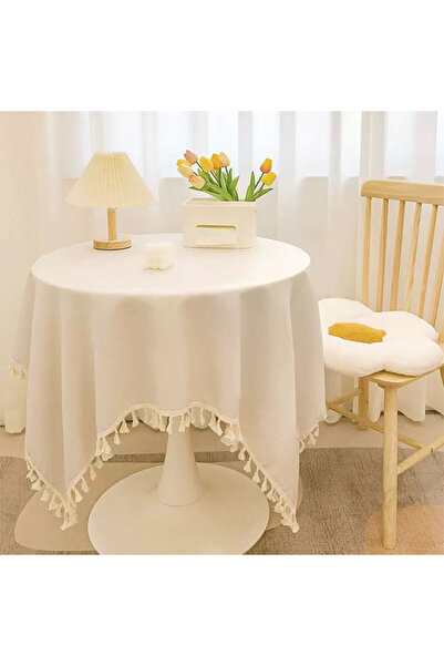 Generic Tassel Cotton Linen Tablecloth Cloth Round Table Tea Table Cloth White 140 x 140cm Table Cover