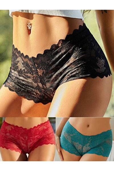 Rose Alexandra Kadın Siyah Beyaz Kırmızı 3'lü Paket Dantel Tanga Şort Külot