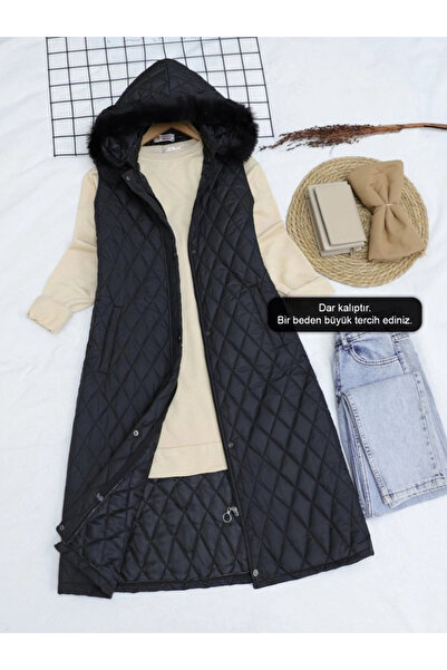 nedo7 Striped Hooded Quilted Long Vest -Black