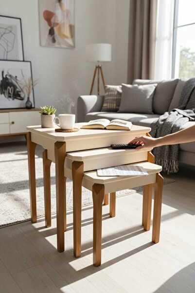 Akabesan Aksesuar Konacık Serisi Krem Ceviz Ayaklı Tasarım Kayın Ağacından Üs...