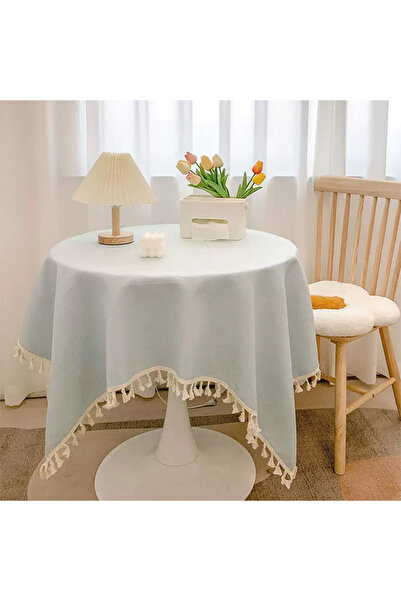 Generic Tassel Cotton Linen Tablecloth Desk Decorative Round Table Cover Light Blue/ White 140 x 140cm