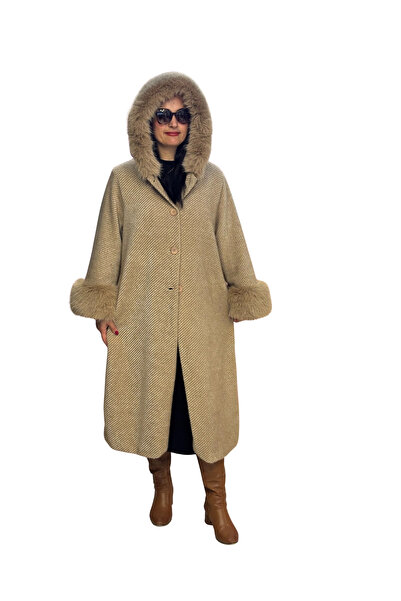 Leydi Mirr Kürklü Kahverengi Kapüşonlu Uzun Pardesü
