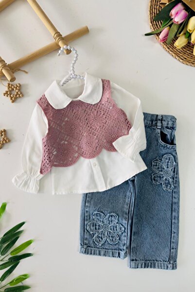 Minigimin Cicileri My Little One's Daisy Denim Girl's Set with Knitted Pattern - Dusty Rose