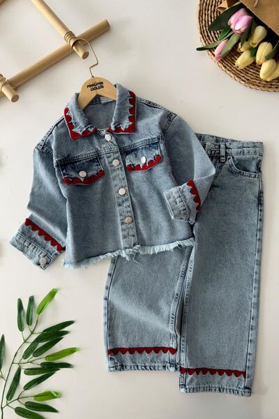 Minigimin Cicileri My Little One's Knitted Detailed Jeans Set for Girls - Light Blue