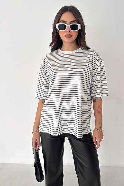 Noa&Noa Tricou cu dungi supradimensionat pentru femei – Monochrome Ease