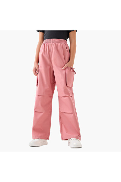 Juniors بنطلون أرجل واسعة للبنات مع جيوب كارغو - قطن - خصر مرن