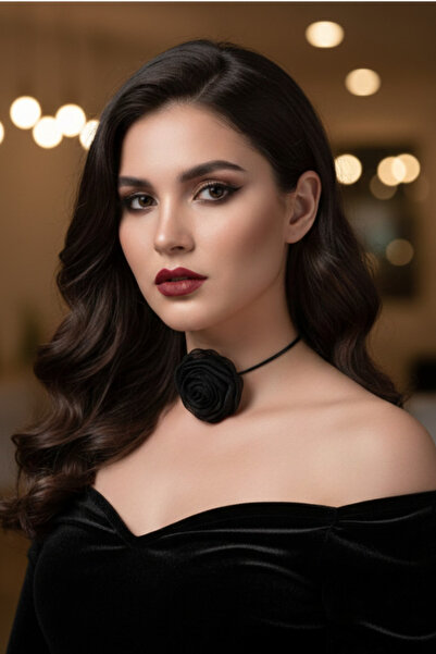 shop Siyah Büyük Gül Detaylı Choker Kolye - Romantik Tasarım Boyunluk - Gece ...