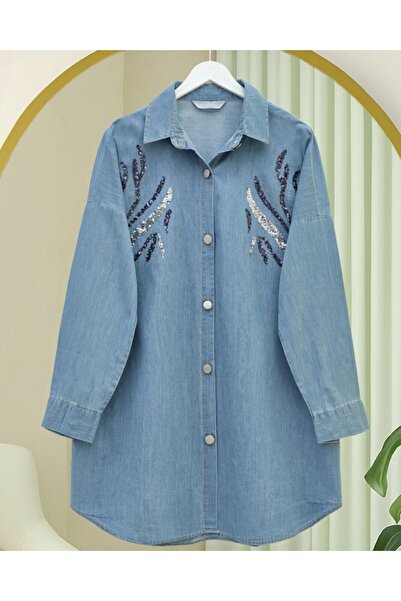 Modamorfo Casual Denim Shirt with Sequin Metal Buttons - Light Blue