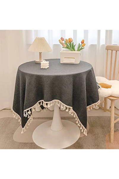 Generic Tassel Cotton Linen Tablecloth Desk Decorative Cloth Round Table Cover Dark Grey/White 140 x 140 cm
