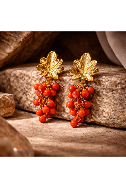 Sapheen Üzüm Motifli 22 Ayar Altın Kaplama Pirinç Mercan Taşı Küpe – Kararmaz