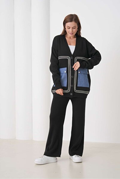 NEWCO Denim Pocket Detailed Buttoned V-Neck Cardigan and Wide Leg Pants Knitwear Set