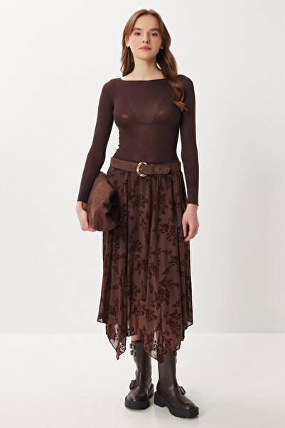 Lovelyİstanbul Velvet Patterned Asymmetrical Tulle Skirt Lnt0019 Brown