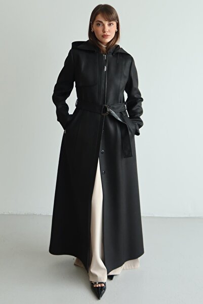 Olcay Removable Hooded Leather Paneled Gabardine Suede Look Overcoat Black 6806