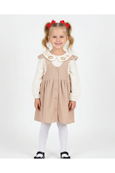 VOY KİDS Kız Çocuk Müslin Bluzlu, Kadife Salopet Elbise, 6-7-8-9-10 Yaş Bayra...
