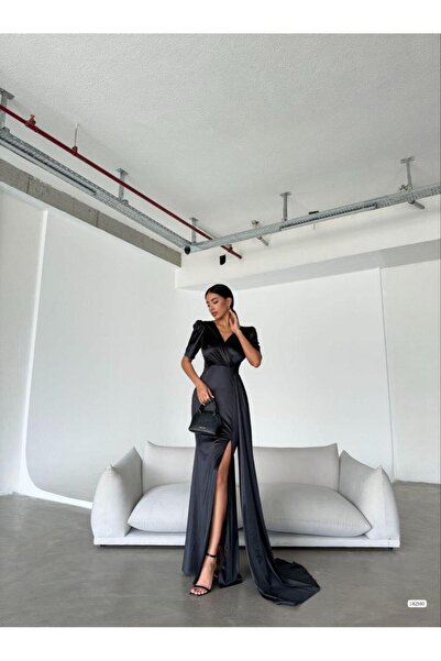 Modafeminen فستان سهرة ساتان بأزرار على الجهتين 582980 أسود