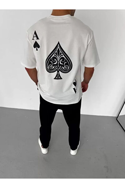 JANES Tricou alb unisex cu imprimeu oversize cu guler rotund